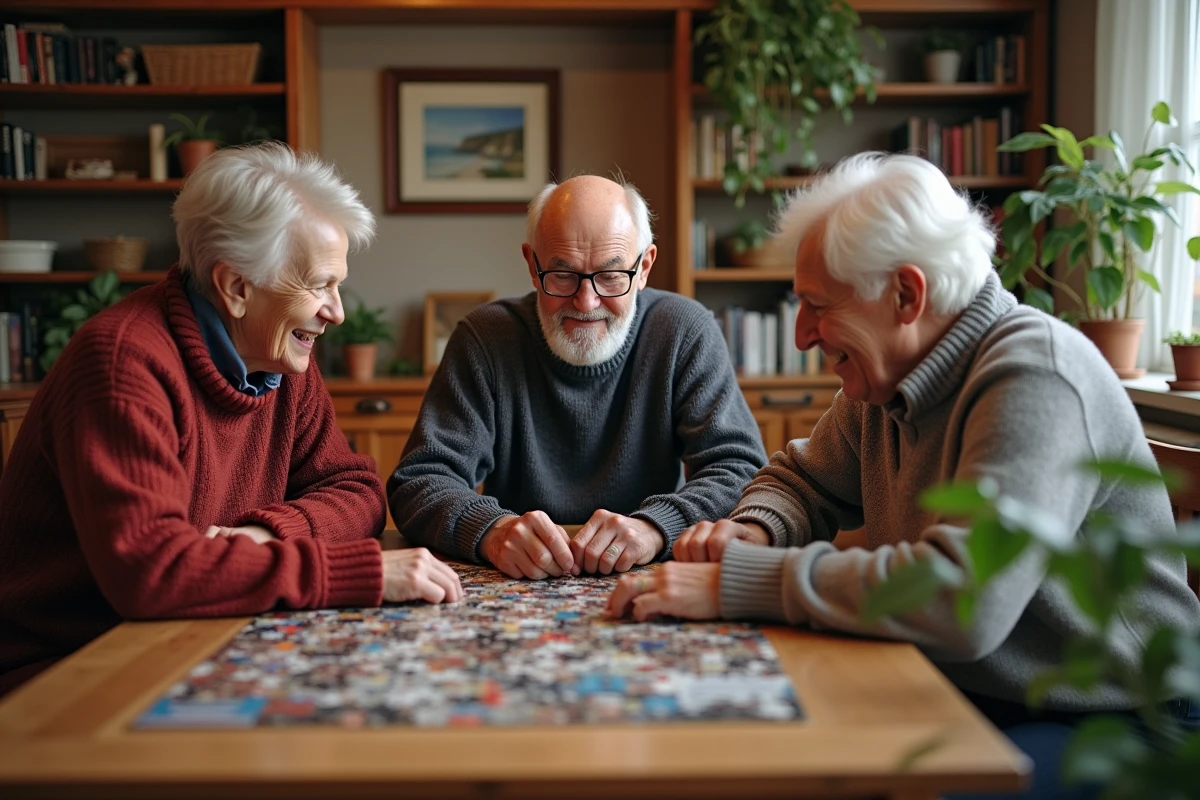 Groupe de retraités jouant au puzzle dans un salon chaleureux
