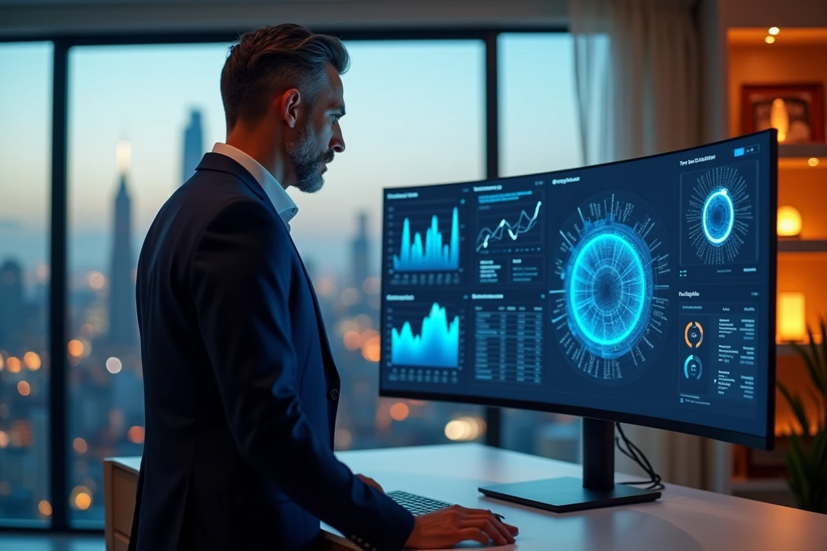 Homme en blazer analysant des visualisations de données IA sur un grand écran incurvé dans un bureau à domicile moderne avec vue urbaine