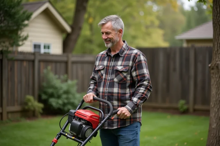 Homme d'âge moyen inspectant un coupe-baille dans son jardin