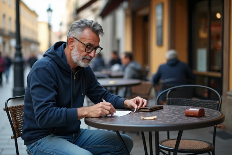 Homme d'âge moyen dans un café en Espagne en train de rouler une cigarette