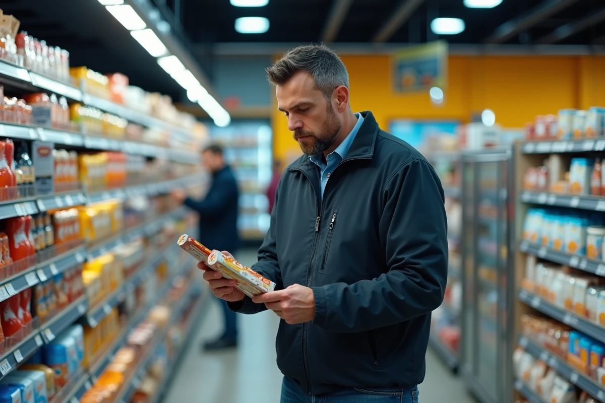 Homme comparant les prix des produits en supermarché pour économiser face à la hausse des prix