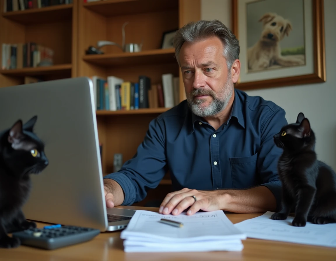 Homme travaillant sur sa déclaration fiscale en ligne avec des factures vétérinaires et son chat noir sur le bureau à domicile
