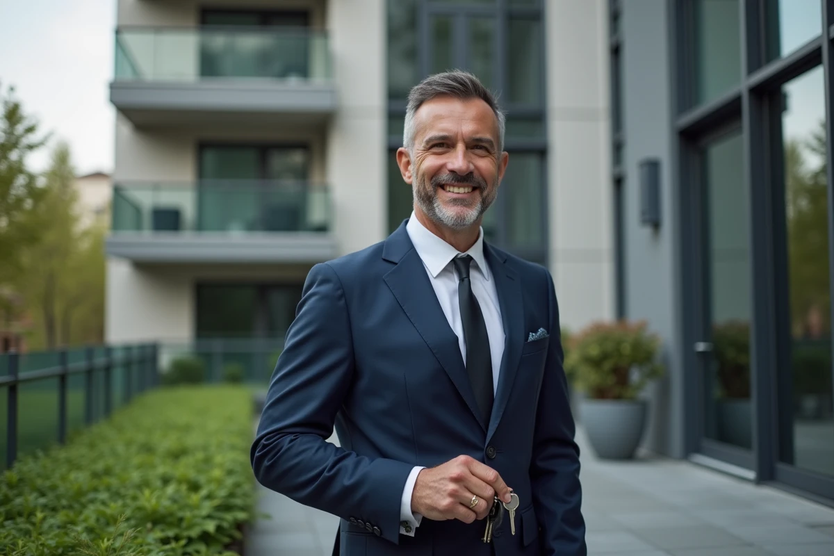 Homme confiant en costume tenant des clés d appartement