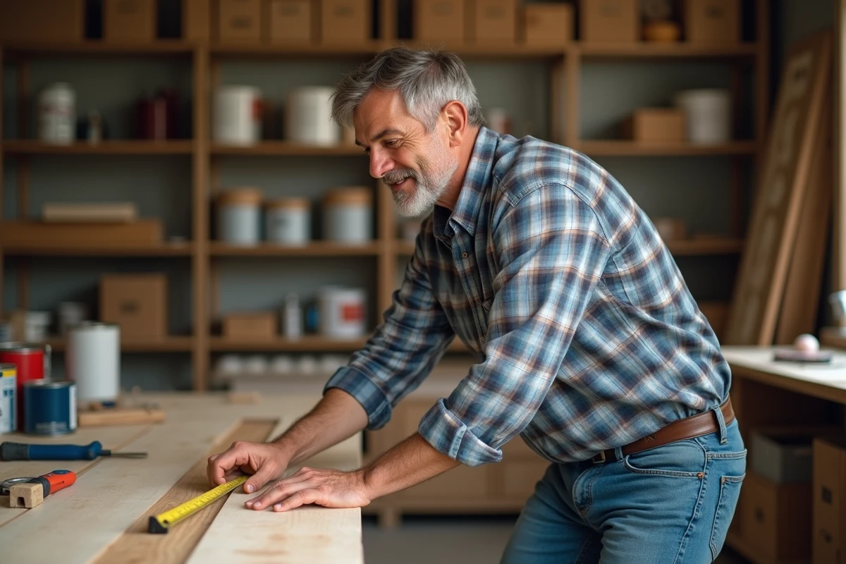 Homme mesurant une planche en bois dans un atelier