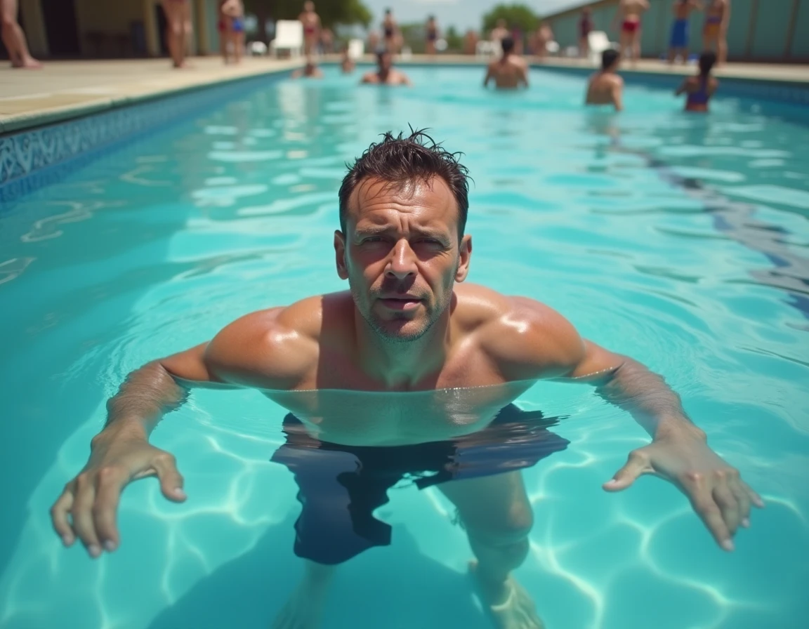 Homme musclé aux jambes qui coulent dans une piscine extérieure en tentant de flotter sur le dos, démontrant visuellement le problème de flottabilité lié à la densité corporelle