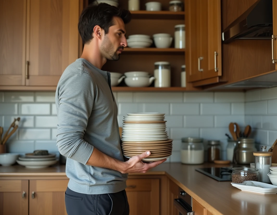 Homme réorganisant une cuisine encombrée avec des contenants uniformes pour créer un intérieur ordonné et fonctionnel
