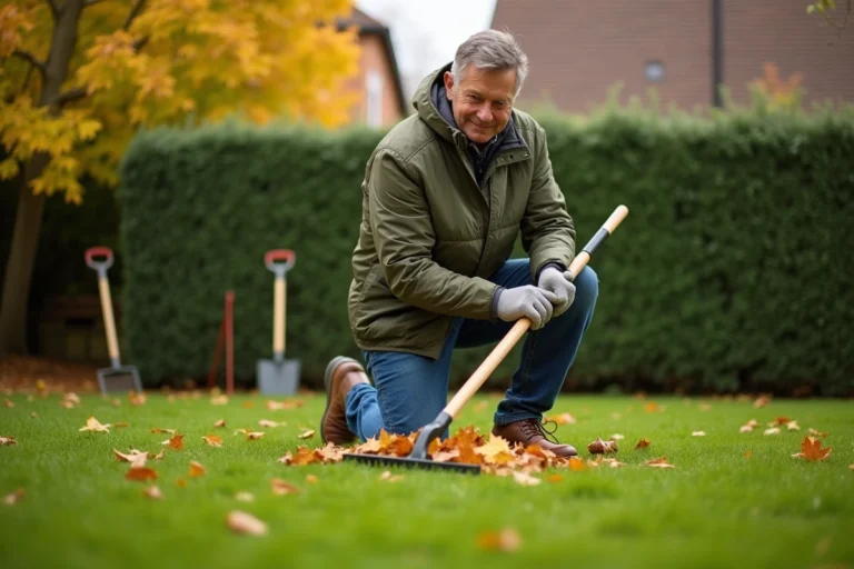 Homme d'âge moyen ratisse des feuilles en automne dans le jardin