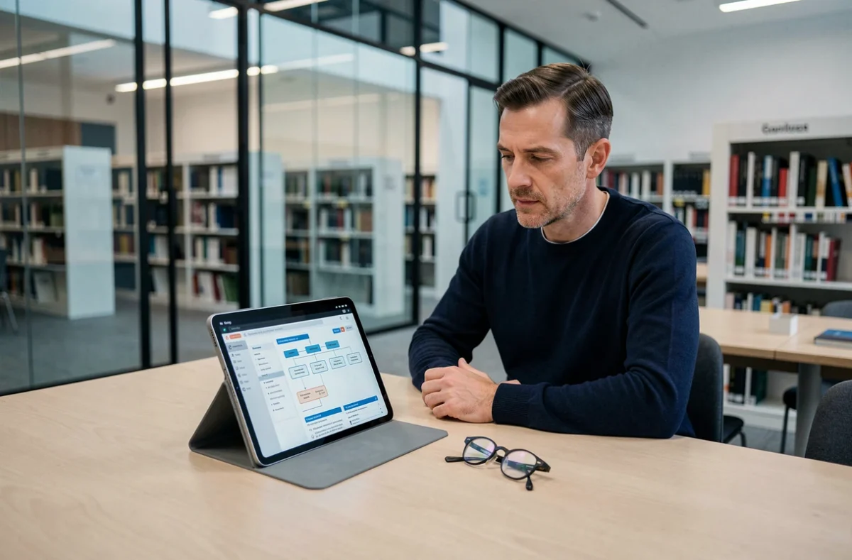 Homme lisant un plan de site complet sur une tablette dans une bibliothèque moderne