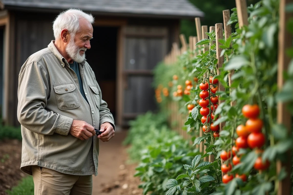 Homme âgé inspectant des plants de tomates dans le jardin