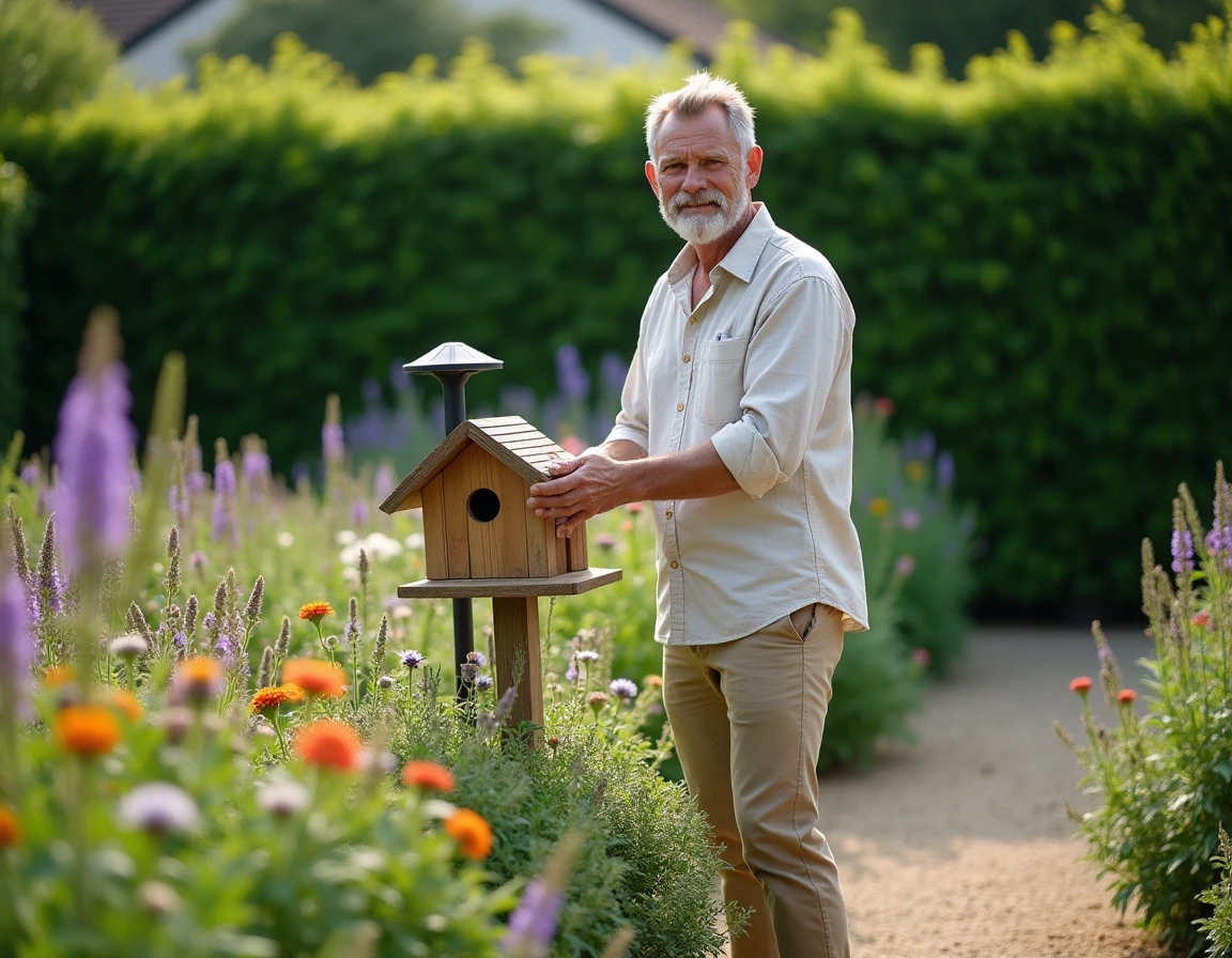 Homme installant un hôtel à insectes en bois dans un jardin fleuri avec des plantes sauvages indigènes