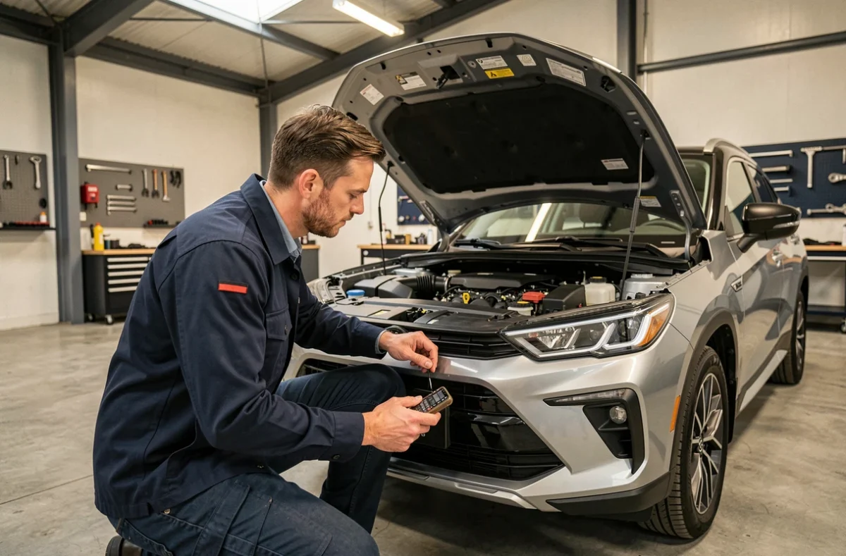 Ingénieur automobile inspectant le moteur d'un SUV hybride dans un studio de design industriel