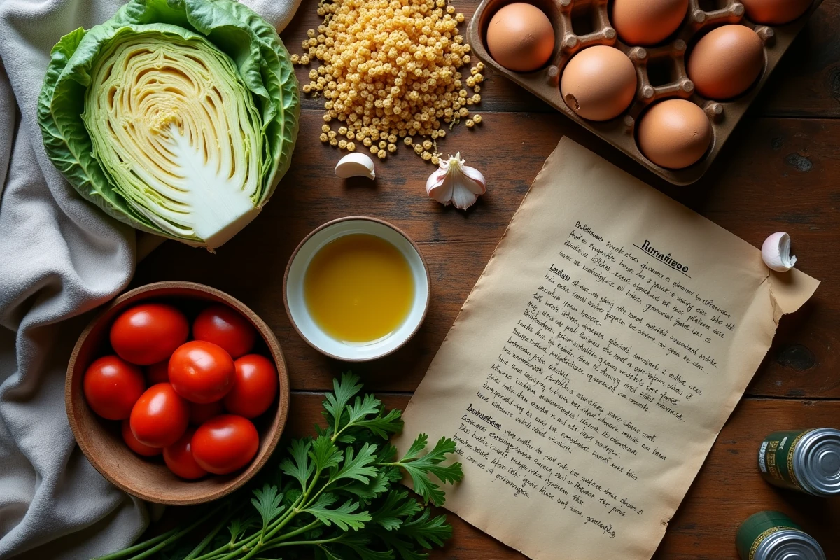 Vue de dessus d'ingrédients simples et économiques disposés sur une table en bois pour cuisiner à petit budget
