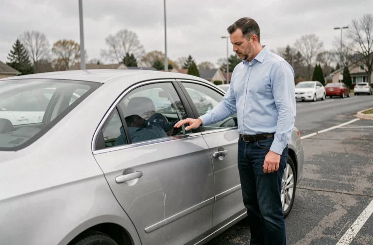 Homme inspectant une voiture d'occasion silver dans un parking, idéal pour illustrer l'achat de voitures d'occasion en ligne