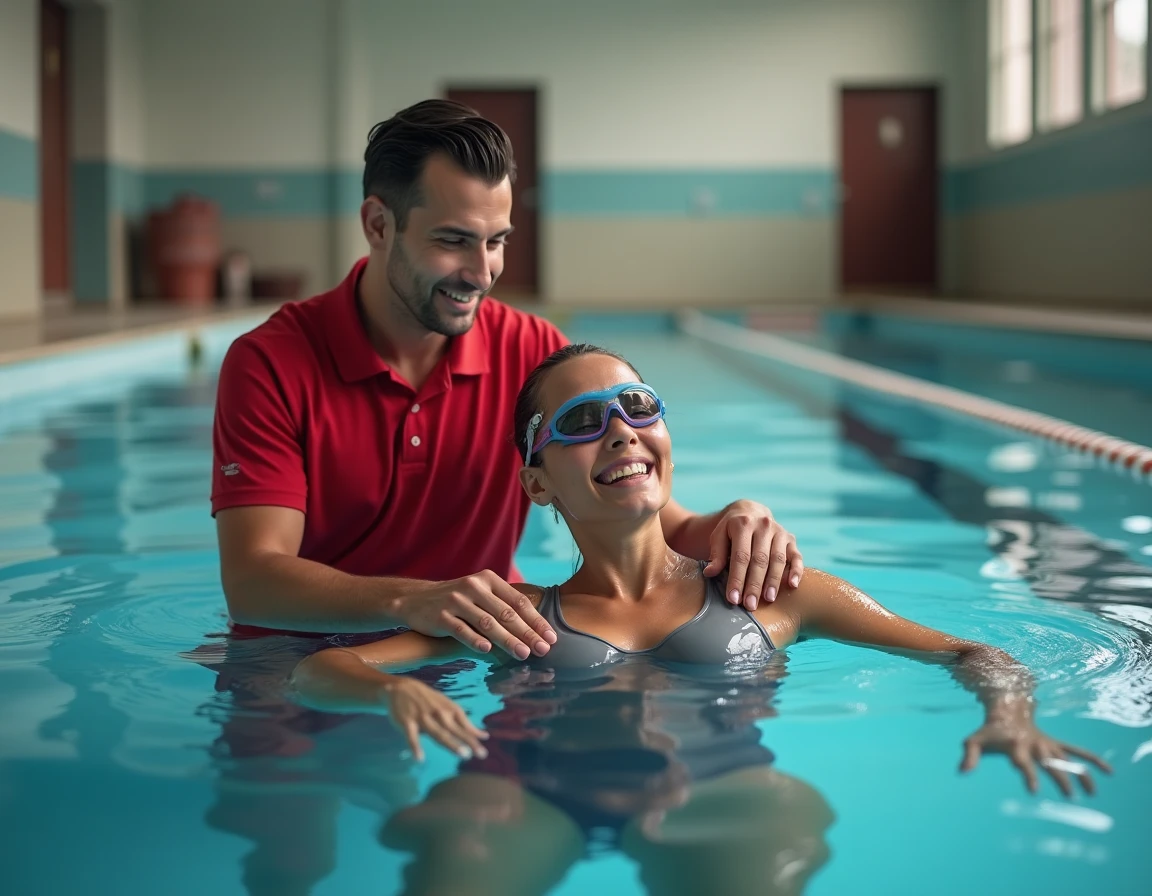 Instructeur de natation aidant un adulte à apprendre à flotter dans une piscine intérieure, illustrant les techniques et solutions pour améliorer la flottabilité