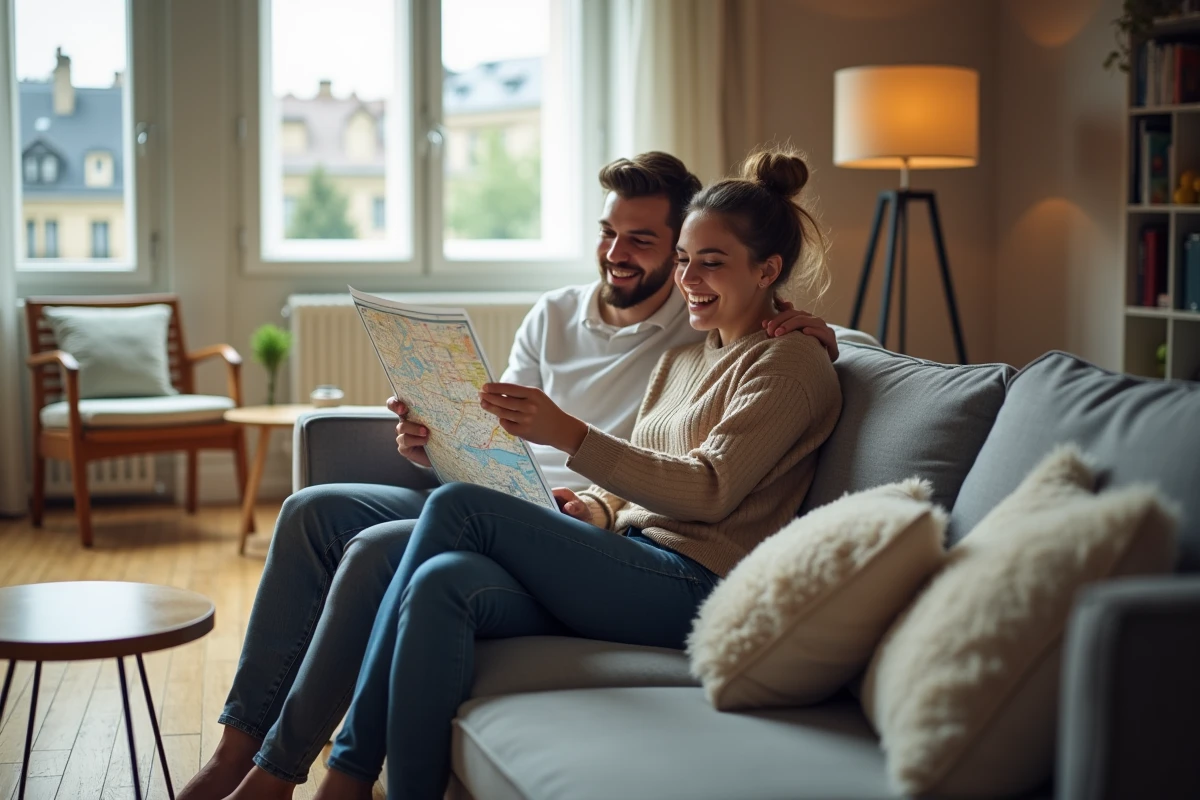 Jeune couple regardant une carte dans un salon moderne