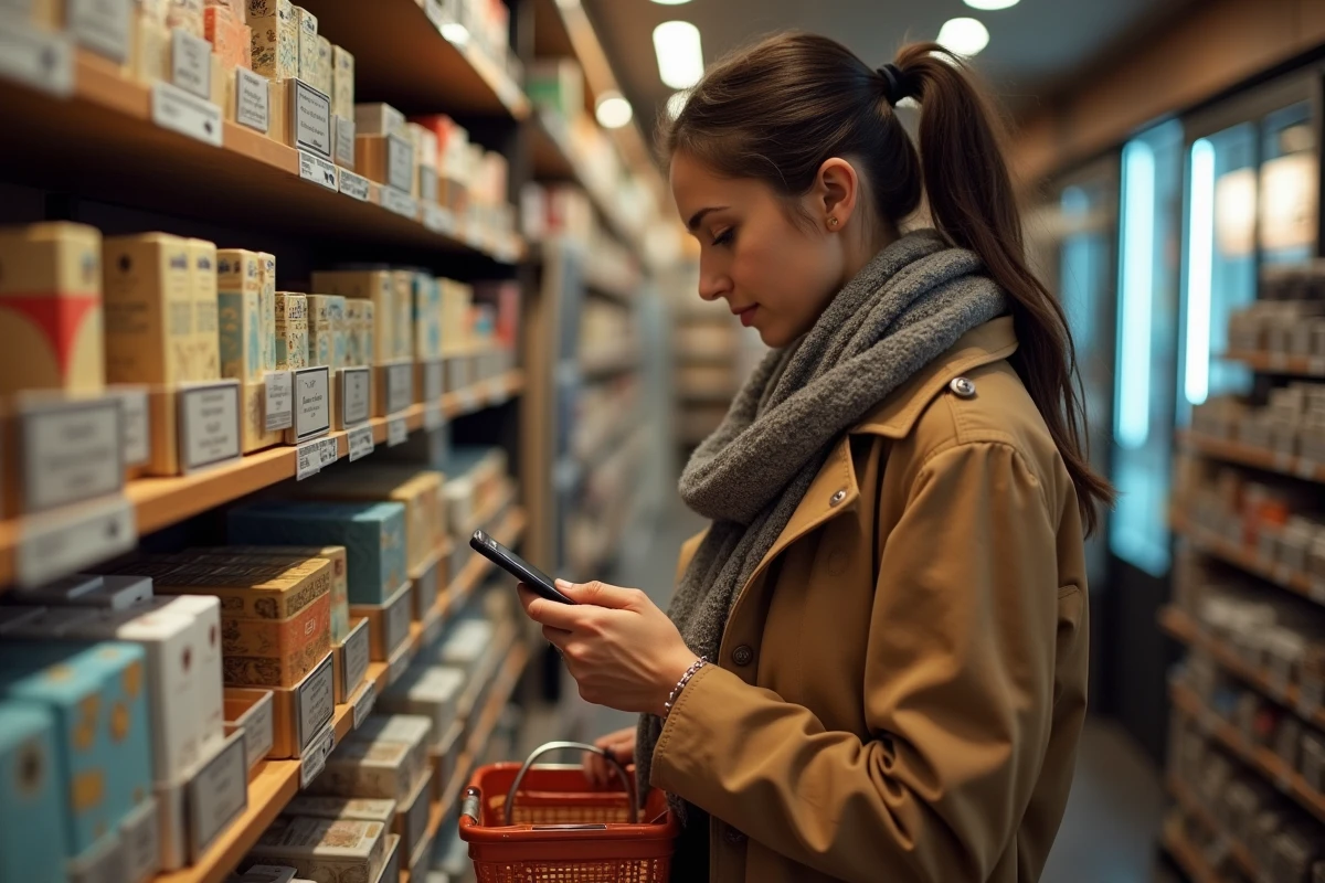Jeune femme regardant les produits de tabac dans une épicerie espagnole