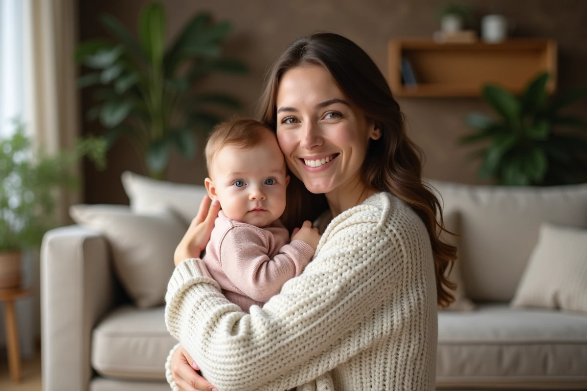 Maman souriante avec son bébé dans un intérieur chaleureux