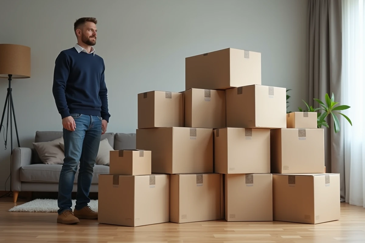 Homme d'âge moyen avec cartons dans un salon moderne