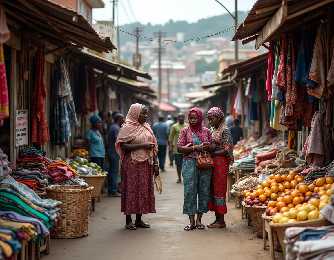 Marché animé à Antananarivo avec des vendeurs de tissus malgaches et des produits artisanaux traditionnels