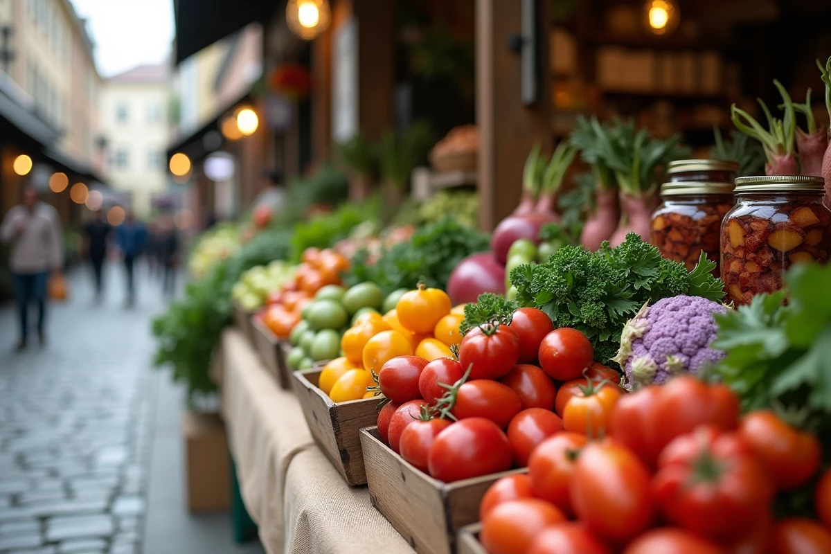 Étal de marché fermier urbain avec légumes exotiques, fruits rares et aliments fermentés tendance sur table en bois