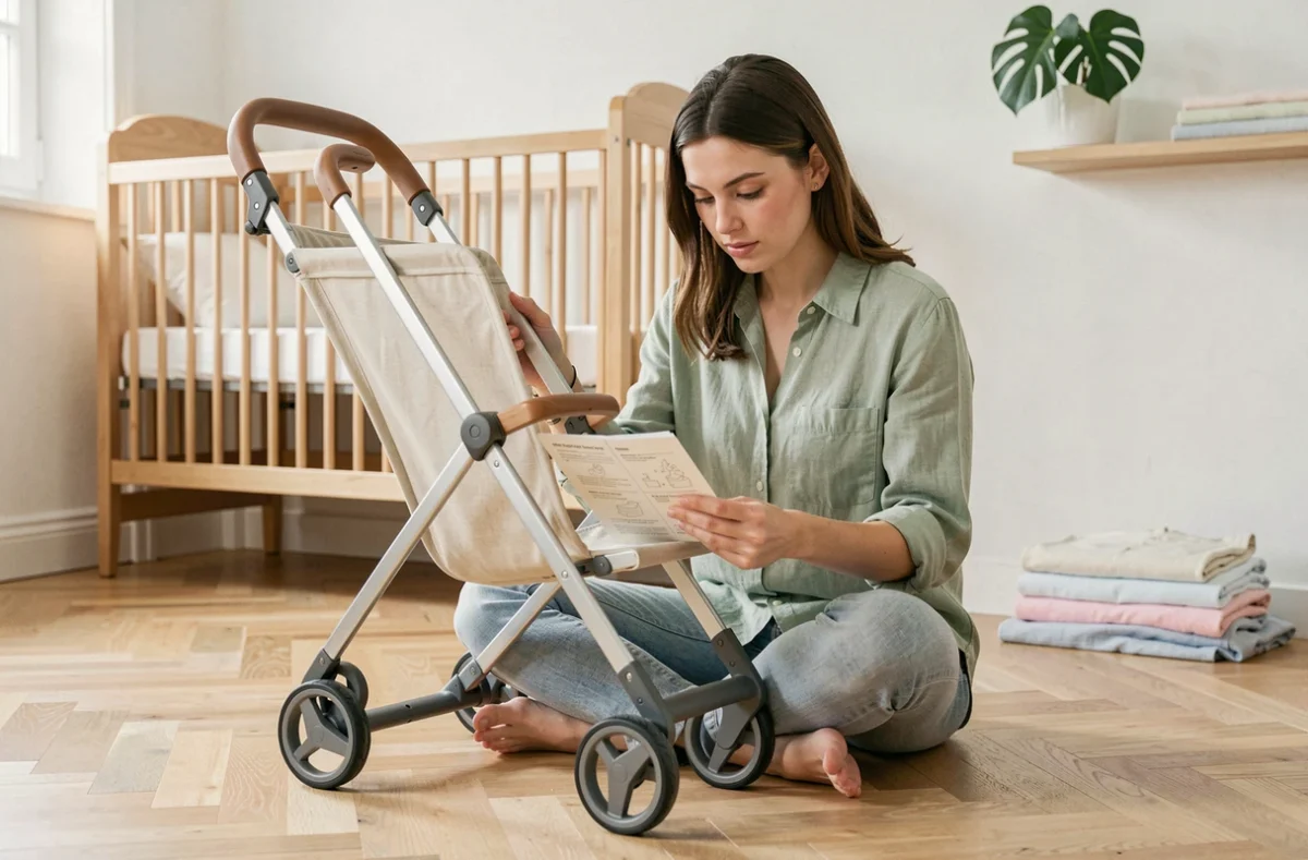 Jeune mère assemblant une poussette moderne dans une chambre de bébé au style scandinave épuré
