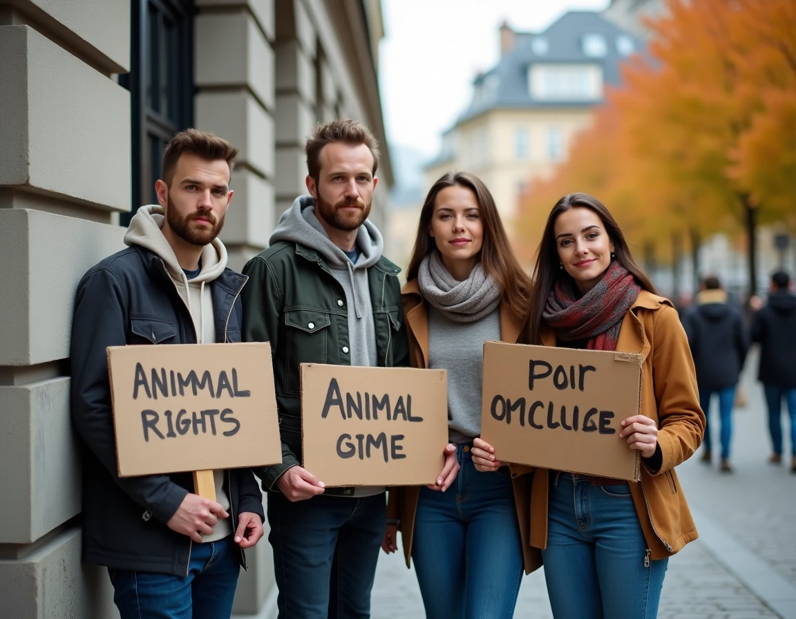 Groupe de militants pour les droits des animaux manifestant pacifiquement en ville avec des pancartes