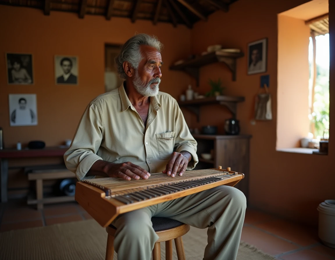 Musicien malgache jouant de la valiha en bambou dans un intérieur traditionnel à Madagascar
