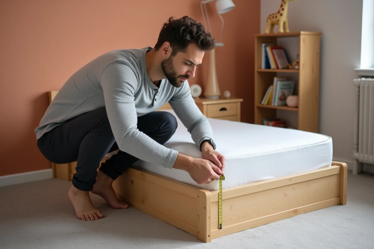 Père mesurant un matelas de lit bébé au sol en hêtre dans une chambre bébé avec mur terracotta et étagère avec jouets en bois
