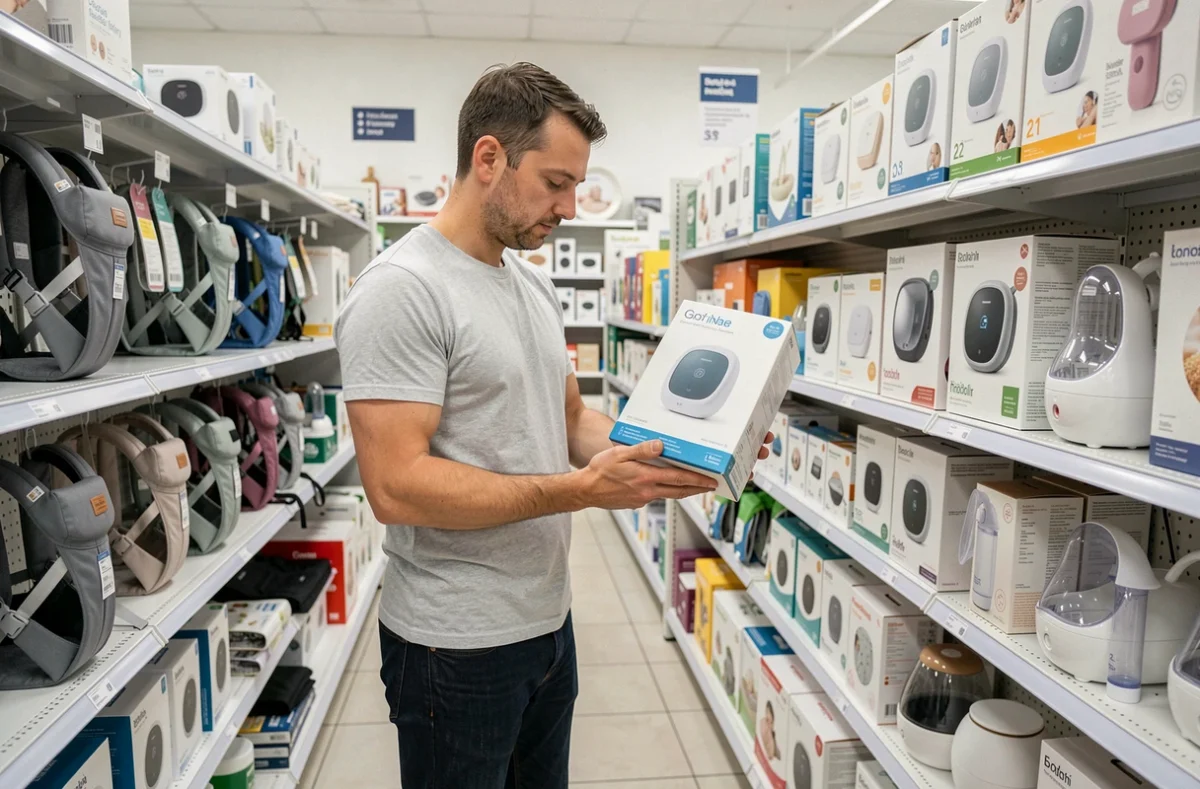 Père comparant des écoutes-bébé dans un magasin de puériculture moderne bien approvisionné