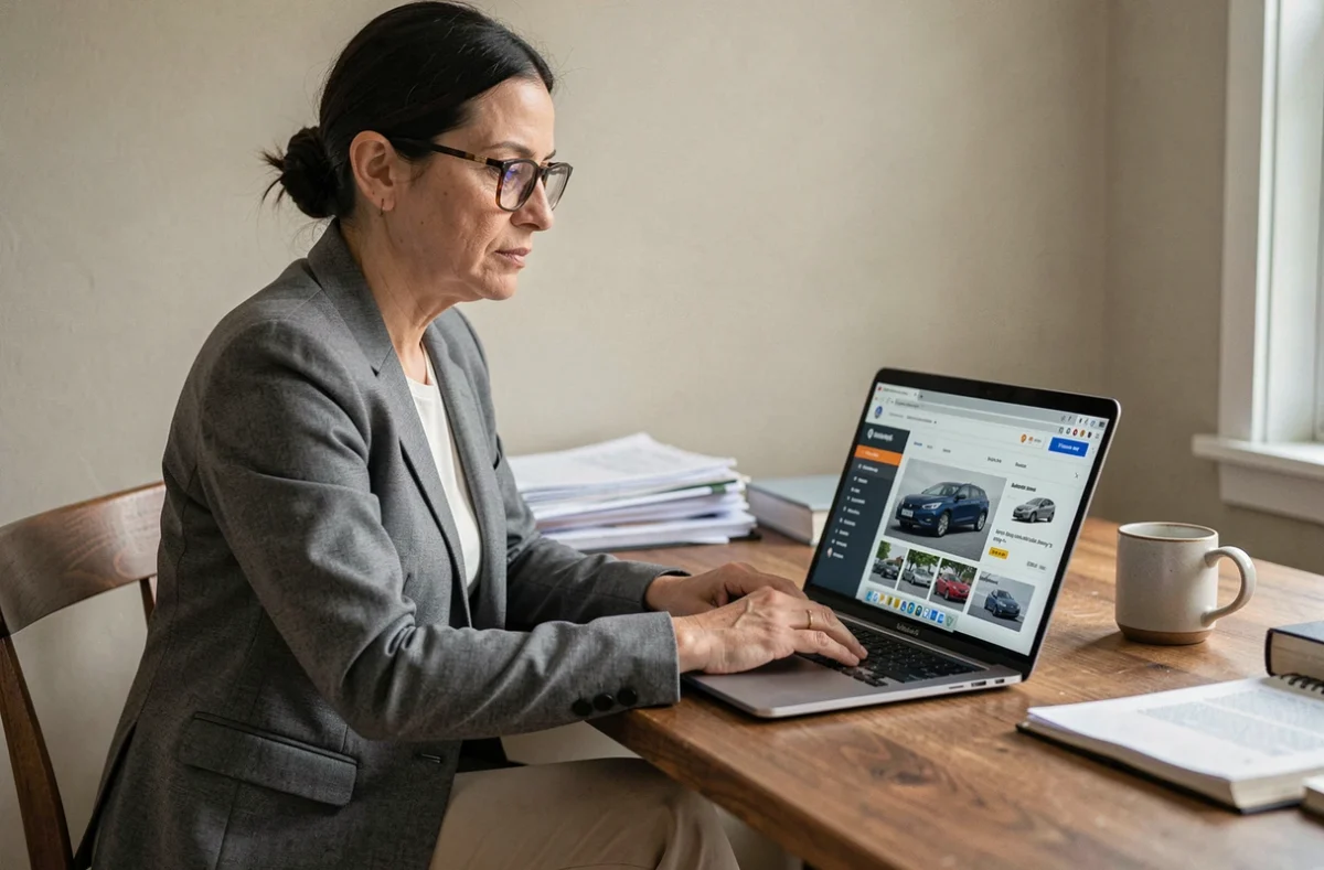 Femme recherchant une voiture d'occasion sur un site internet depuis son bureau à domicile
