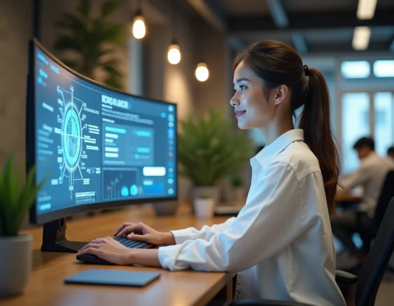 Jeune femme explorant une interface numérique futuriste sur un écran ultrawide dans un bureau moderne aux murs en béton