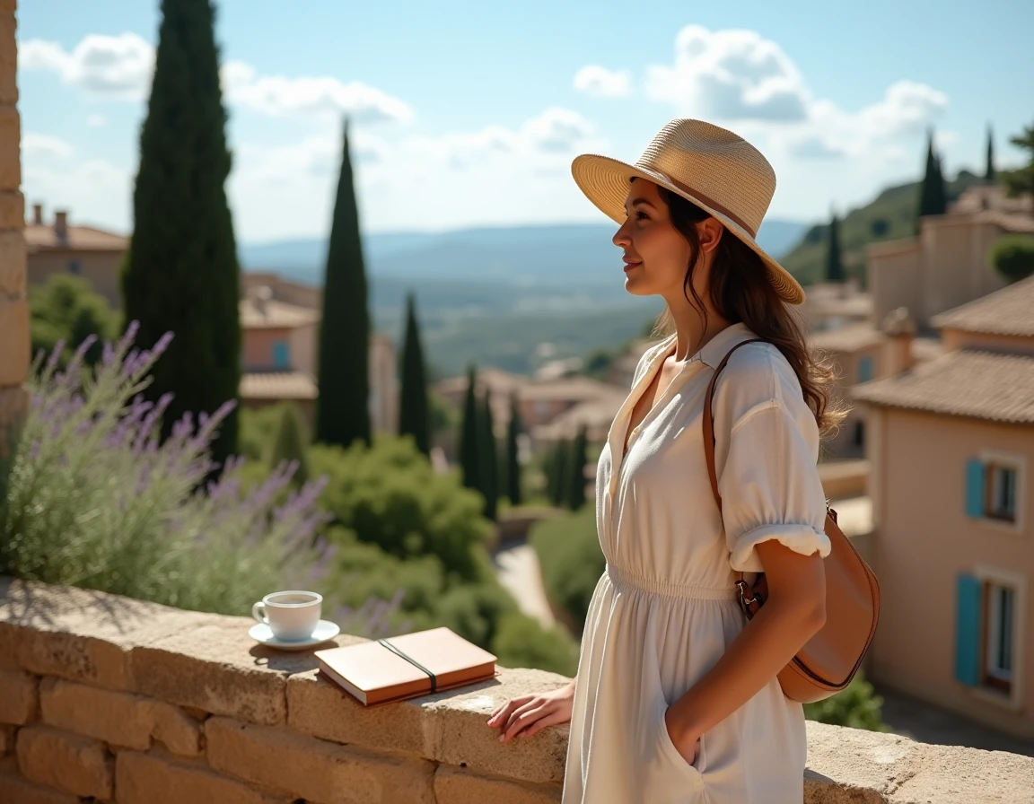 Femme en robe de lin sur une terrasse en pierre contemplant un village provençal et des champs de lavande en France