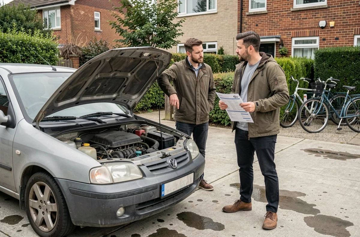 Deux hommes inspectant le moteur d'une voiture d'occasion dans une allée résidentielle lors d'une transaction entre particuliers