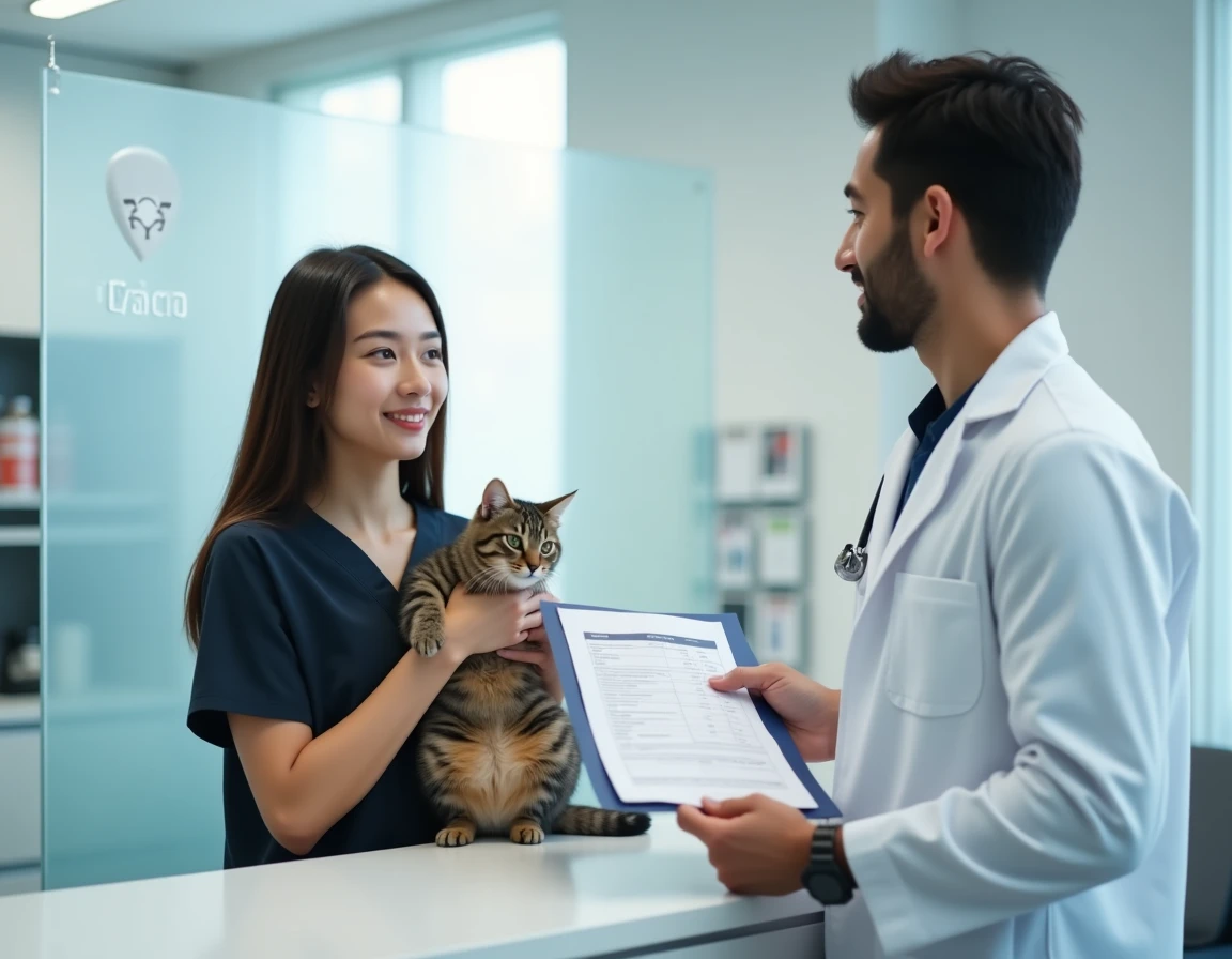 Vétérinaire remettant une facture officielle à une cliente tenant son chat dans une clinique vétérinaire moderne