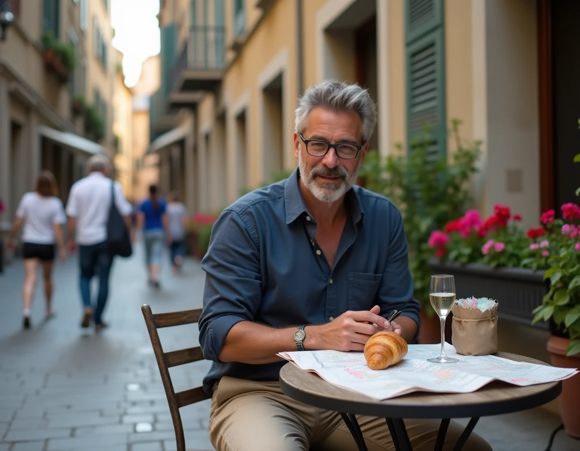 Homme consultant une carte routière en terrasse de café sur une place pavée lors d'un voyage en Europe