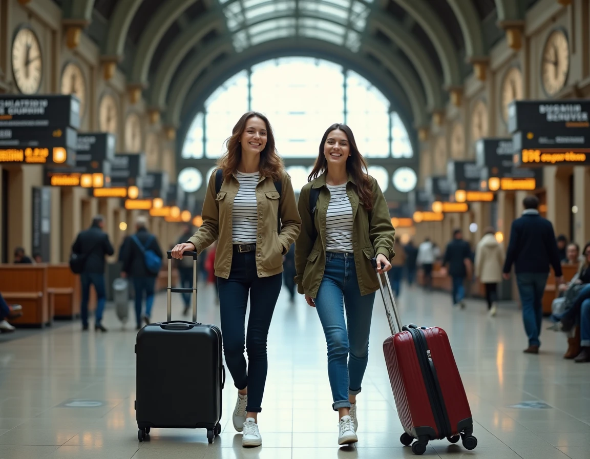 Deux voyageuses avec bagages à roulettes dans une grande gare européenne aux verrières en fer forgé